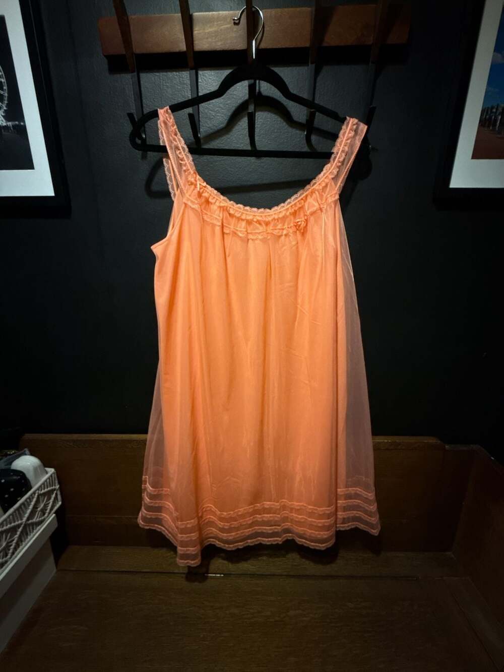 Vintage Vanity Fair Peach Nylon Ruffled Nightgown Size Medium